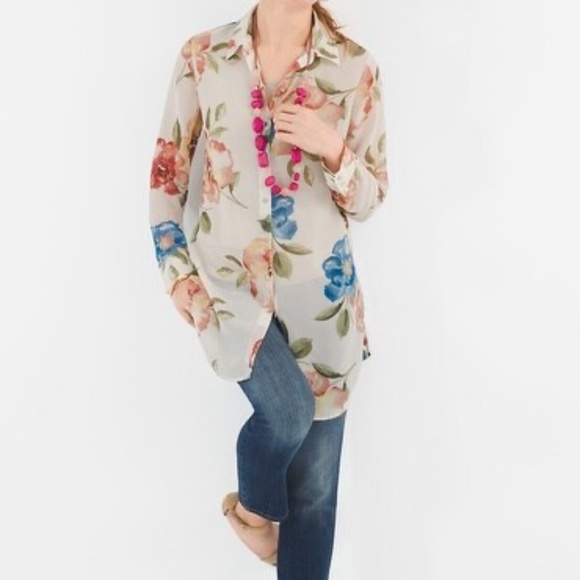 Chicos Black Label Floral sheer long tunic w/long sleeves. Size 3 - Picture 1 of 7